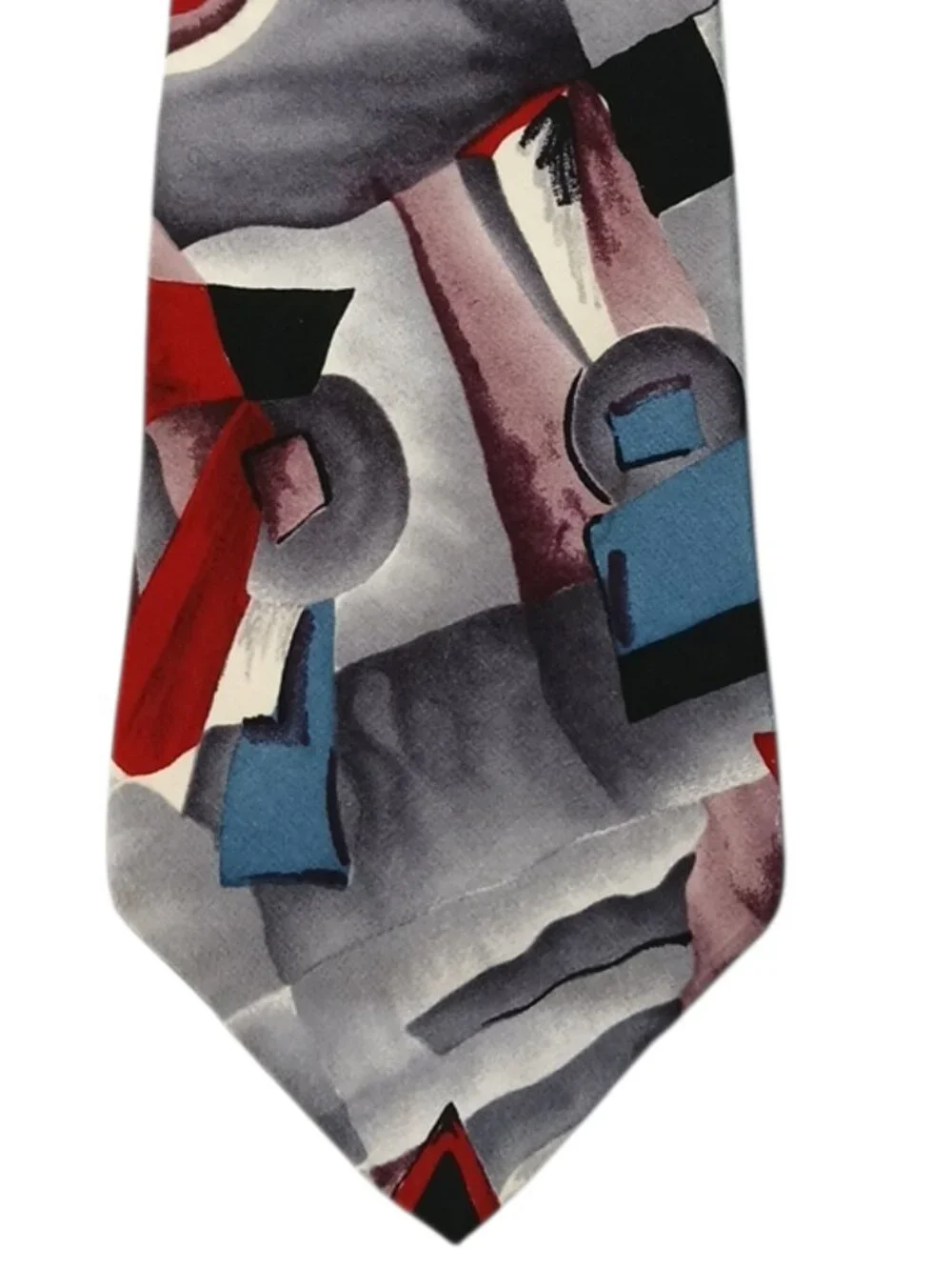 Pierre Cardin Abstract Art 100% Silk Necktie Gray Red Blue Geometric Designer Ti